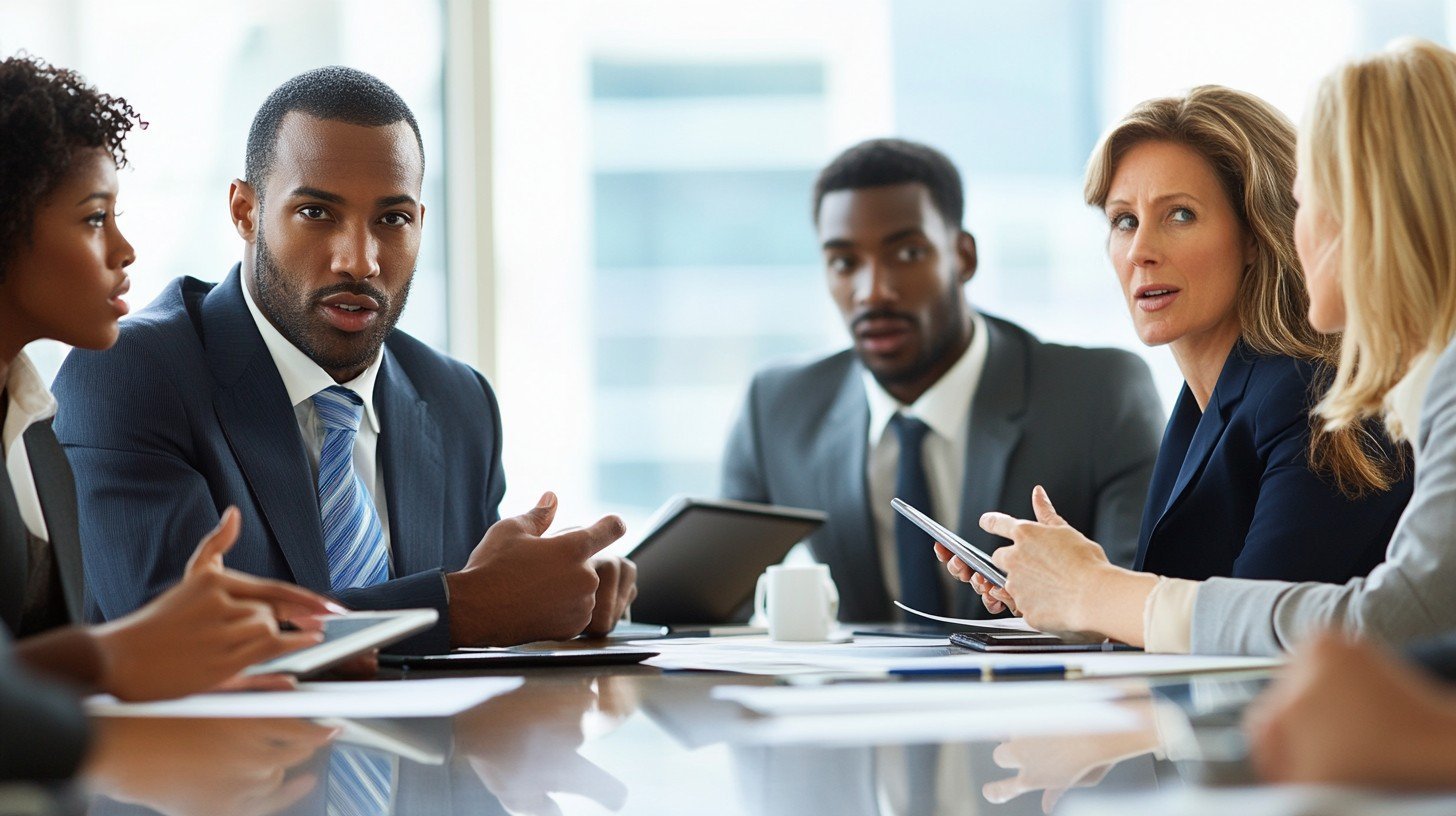 SME Consulting team in an office meeting discussing services like offshore team management, SEO, web development, and digital marketing strategies.